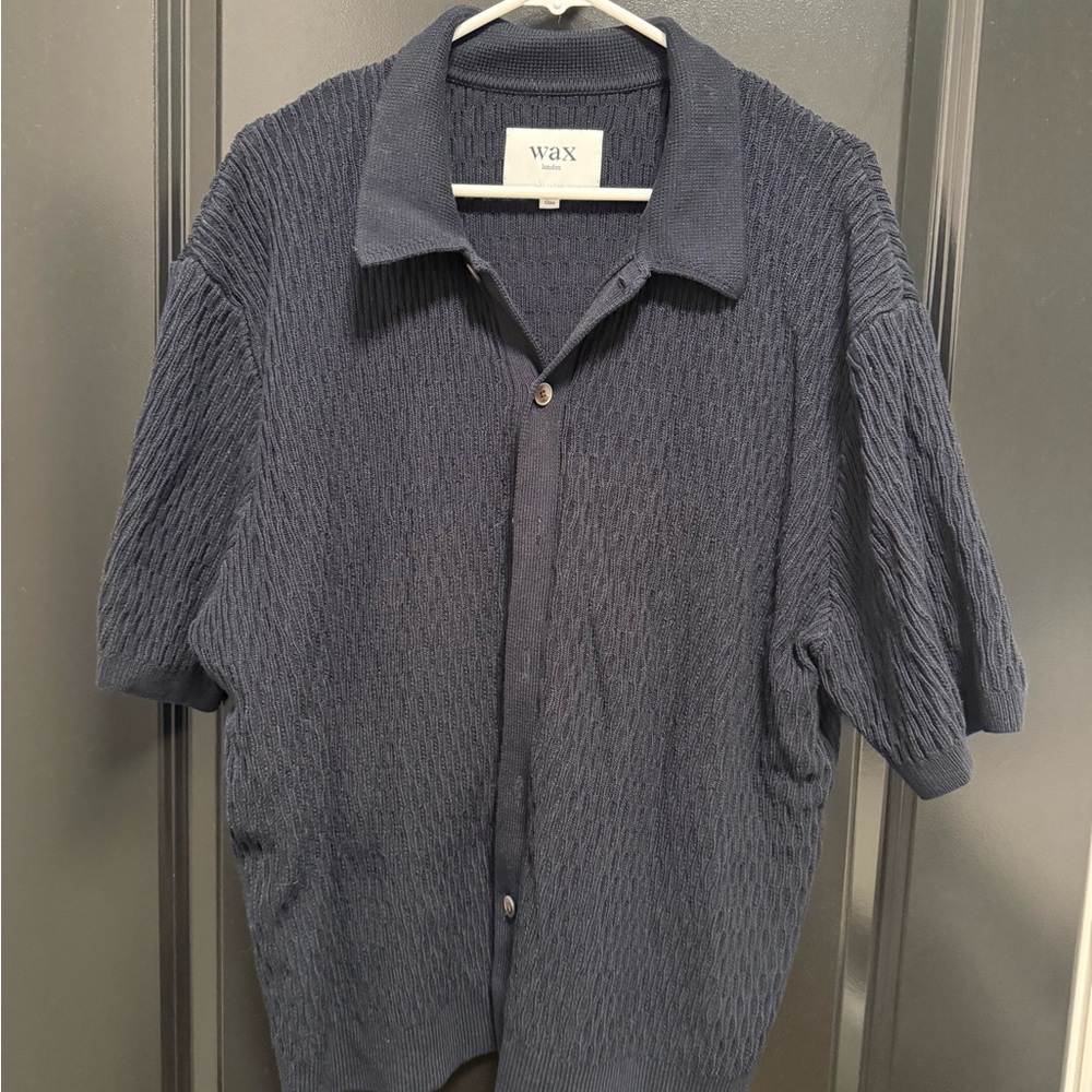 WAX Navy Short-Sleeve Knit Button-Down Shirt